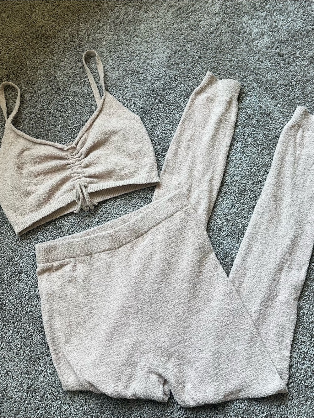 Ruched Knit Two-Piece Loungewear Set in Light Beige
